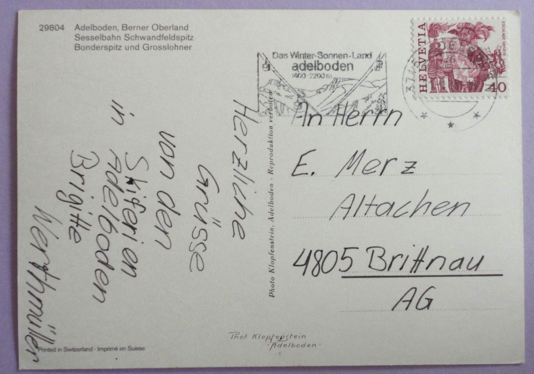 Cartoline postali: Adelboden, B.O., Sesselbahn Schwandfeldspitz – Usato da Fétigny venduto da Billy2miny 1