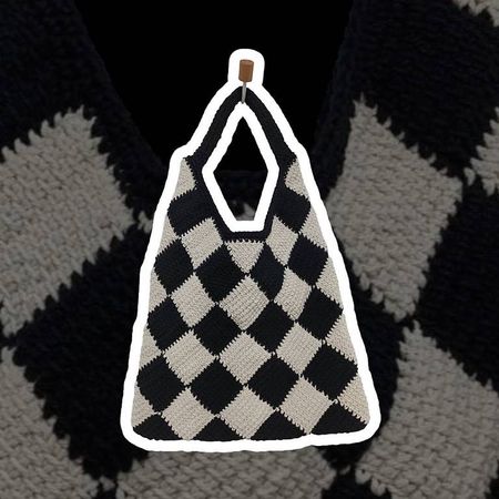 Crocheted Bag Black White Checkered Pattern Handbag