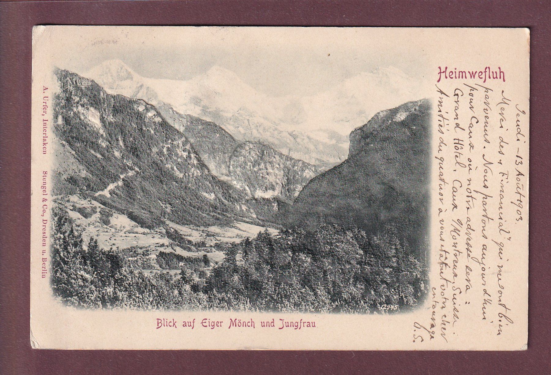Cartoline postali: HEIMWEHFLUH - Eiger - Mönch - Jungfrau - RELIEF - 1903 – Usato da Pully venduto da nicecards