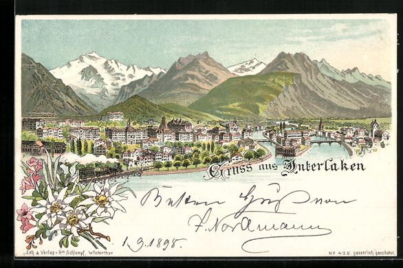 Cartes postales: Litho Interlaken, Totalansicht mit Alpen – D'occasion à Berlin par bartko-reher