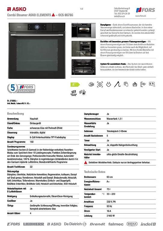Forni: 2-jährig - Schnäppchen Combi Steamer ASKO ELEMENTS OCS 8678G – Usato da Schiers venduto da oer_dv98 3