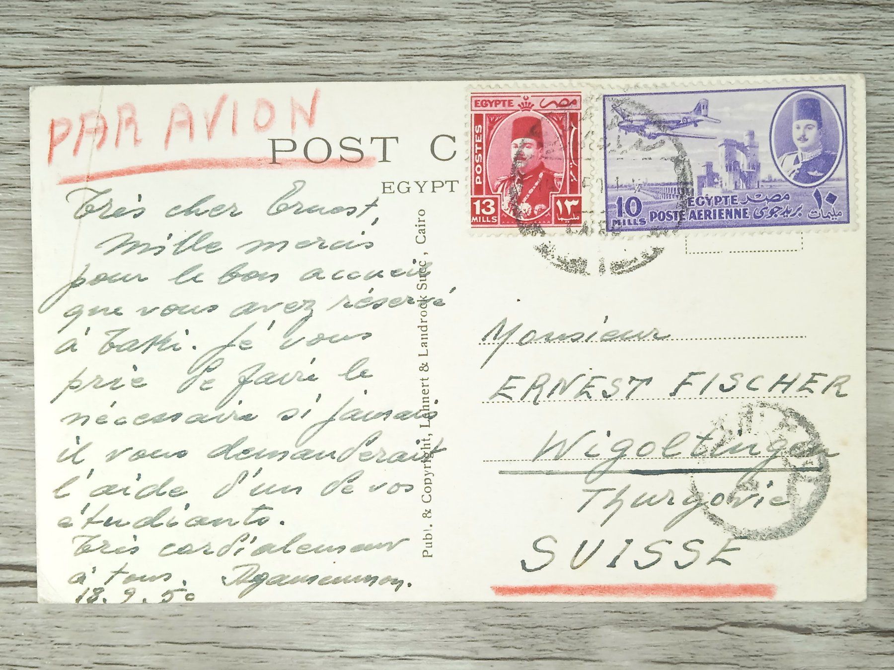 Tutti i francobolli: TR05 Enveloppe + Timbre Egypte 1950 – Usato da Cousset venduto da Patrick_Collections