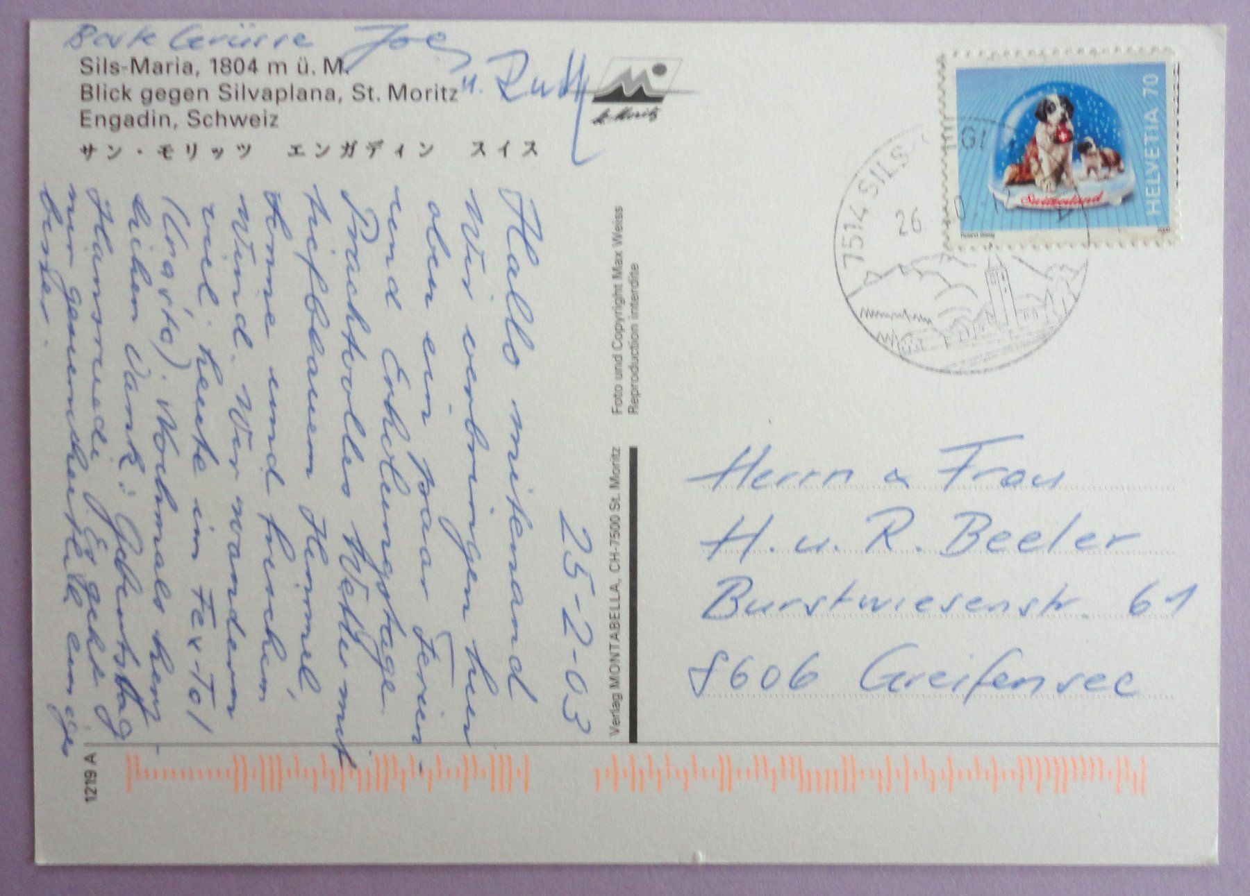 Cartoline postali: Sils-Maria, 1804 m ü.M. – Usato da Fétigny venduto da Billy2miny 1