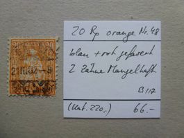 20 Rappen sitz. Helvetia Nr. 48 ++ blau und rot gefasert
