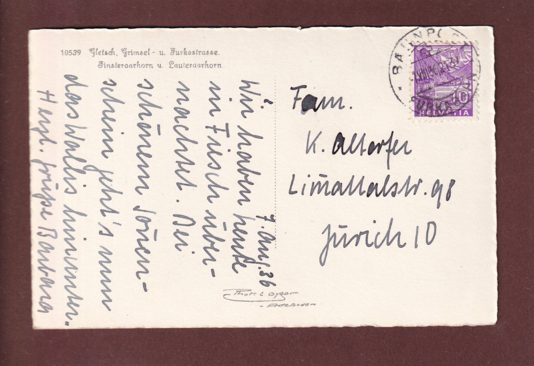 Cartoline postali: GLETSCH - Grimsel- und Furkastrasse - 1936 – Usato da Pully venduto da nicecards 1