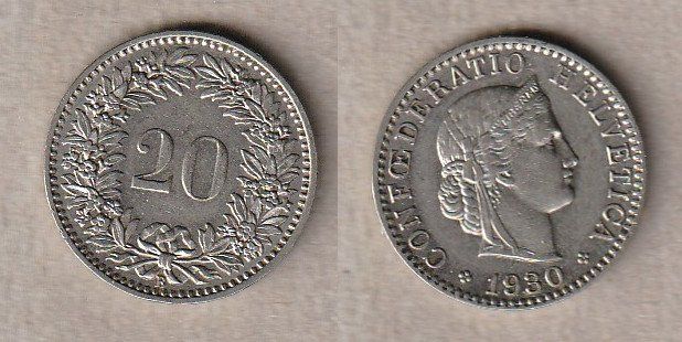 Toutes les monnaies: 20 Rappen 1930 – D'occasion à Allschwil par Coinfreak