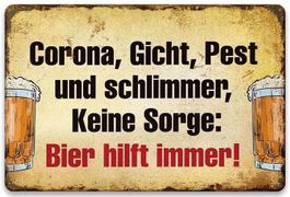 🌟Vintage Blechschild: 🍺 Keine Sorge, Bier hilft immer! 🍺