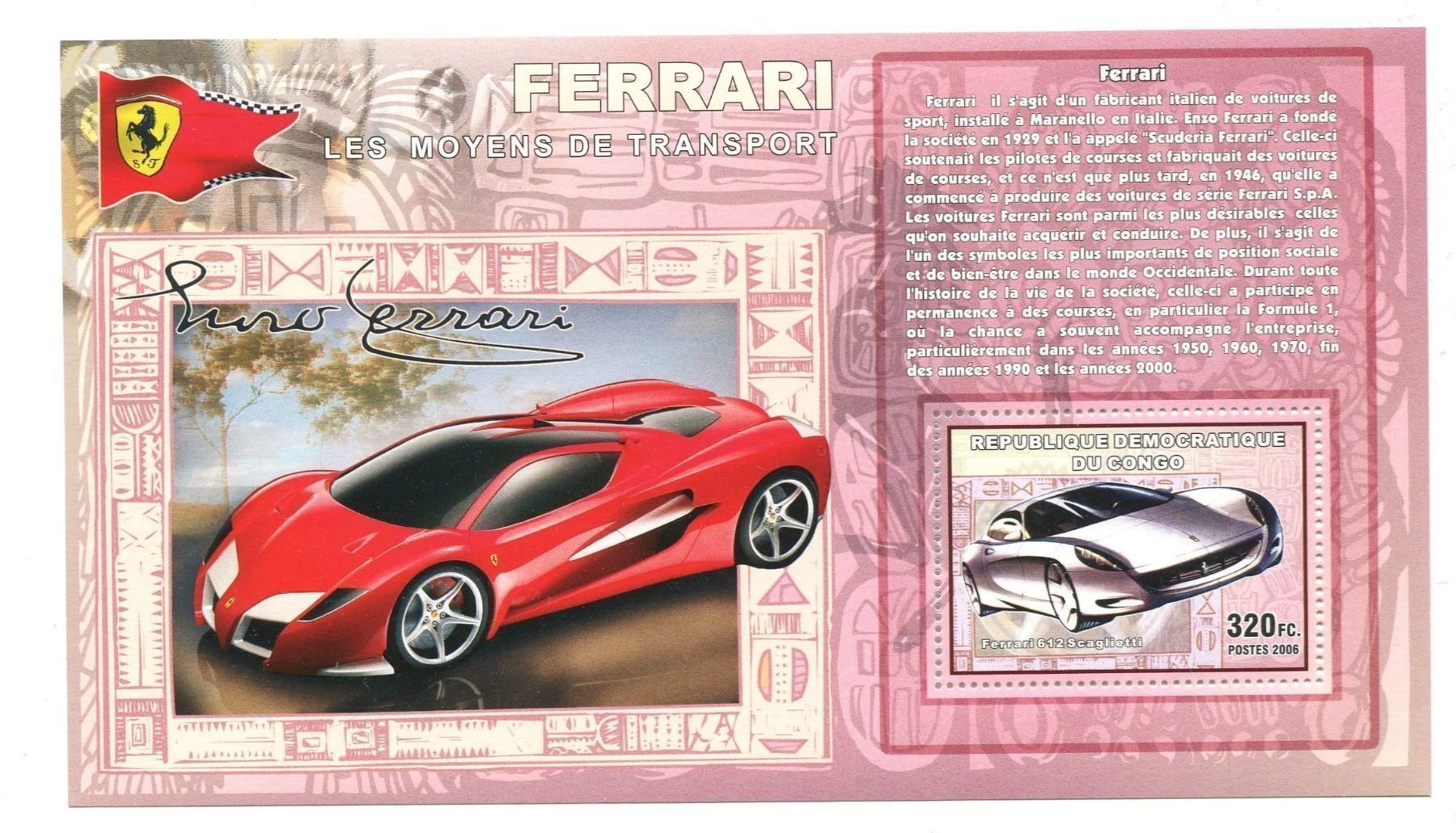 Tutti i francobolli: Block "Ferrari".  Kongo. – Nuovo e nell'imballaggio originale da Basel venduto da Butsch5