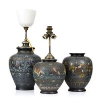 Set of 3 big marvelous ancient enamel vases, Japan 20th c