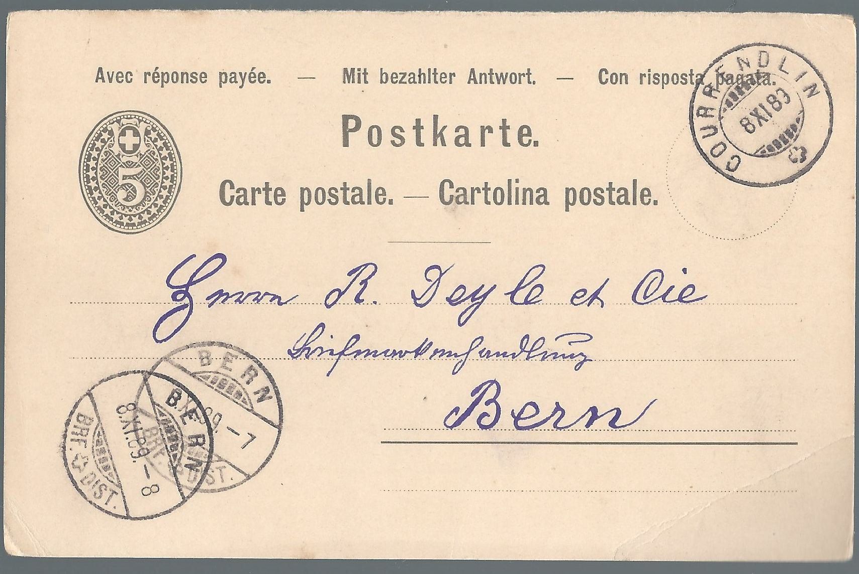 Tutti i francobolli: Entier postal , Courrendlin 06.11.1883 – Usato da Montenol venduto da Vernier2