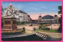 Basel gel 1920 Centralbahnhof und Strassburgerdenkmal