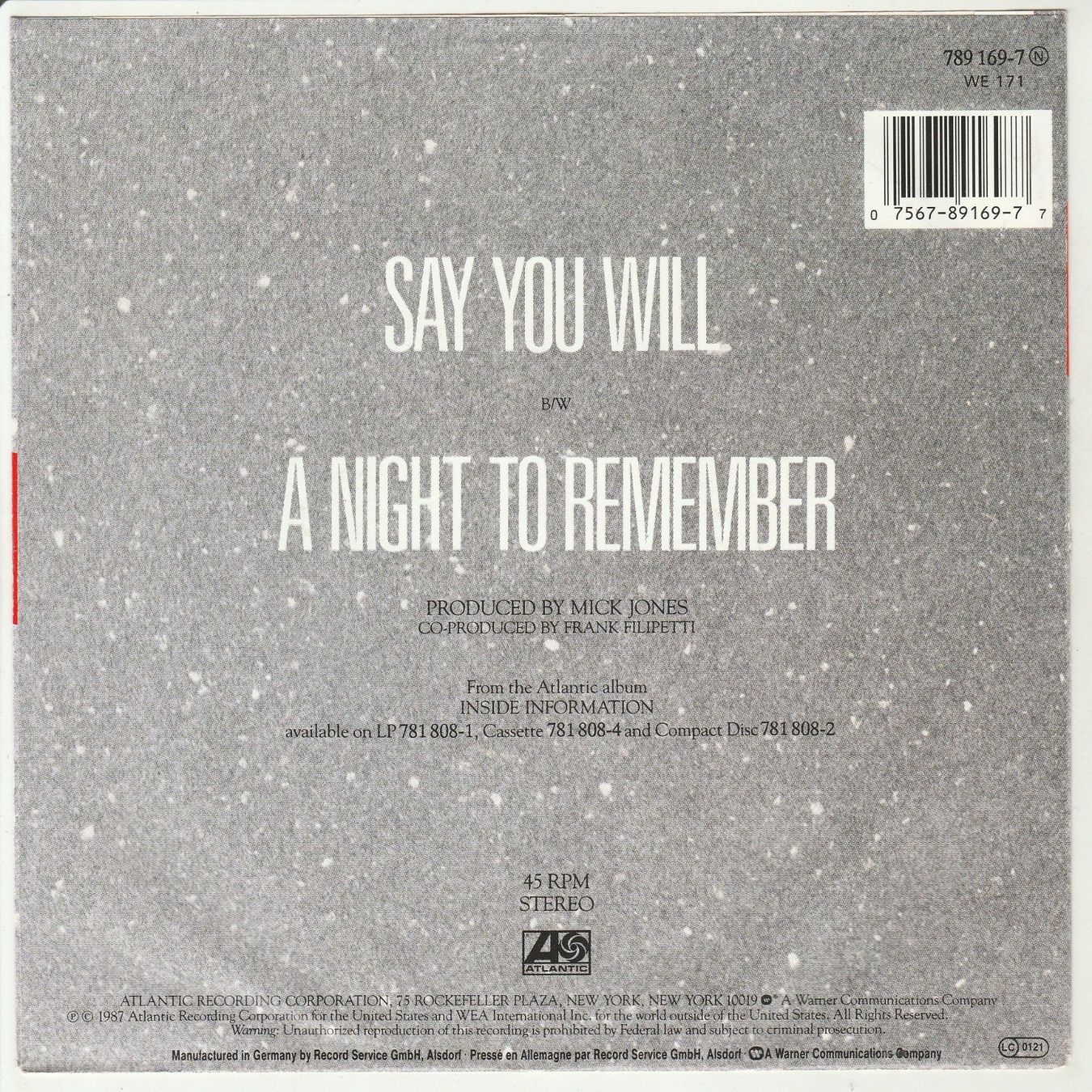 Dischi in vinile: Foreigner - Say you will 7" Vinyl 1987 – Usato da Tübach venduto da JamesStone 1