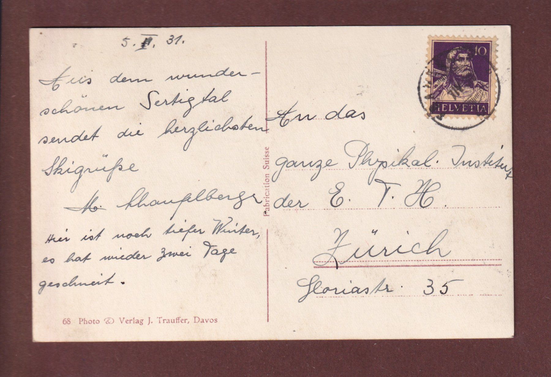 Cartes postales: DAVOS - Im Sertigtal - 1931 – D'occasion à Pully par nicecards 1