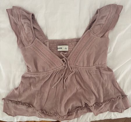 Damen Bluse rosa Grösse S Rüschen Kurzarm Schnürung