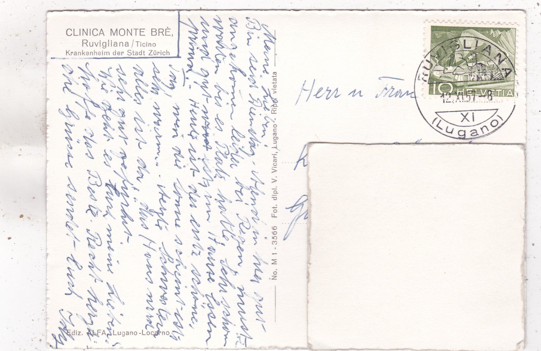 Cartoline postali: Clinica Monte Bré Ruvigliana 1957 – Usato da Herisau venduto da Lisegrat2008 1