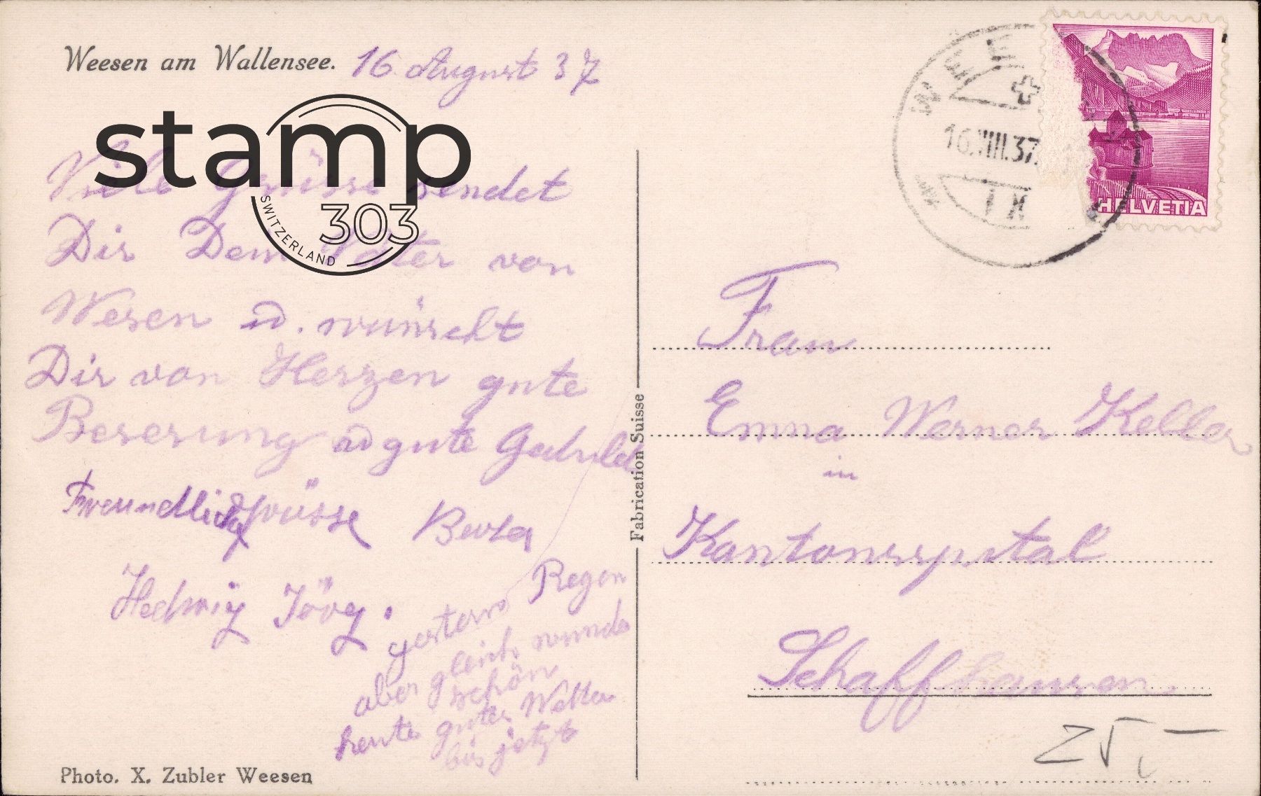 Cartoline postali: 1937 AK Weesen am Walensee – Usato da Eggersriet venduto da stamp303 1