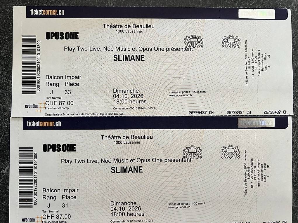 Billets: Billets pour Slimane à Lausanne  – Neuf avec emballage d'origine à Geneve par Anna-Lilly