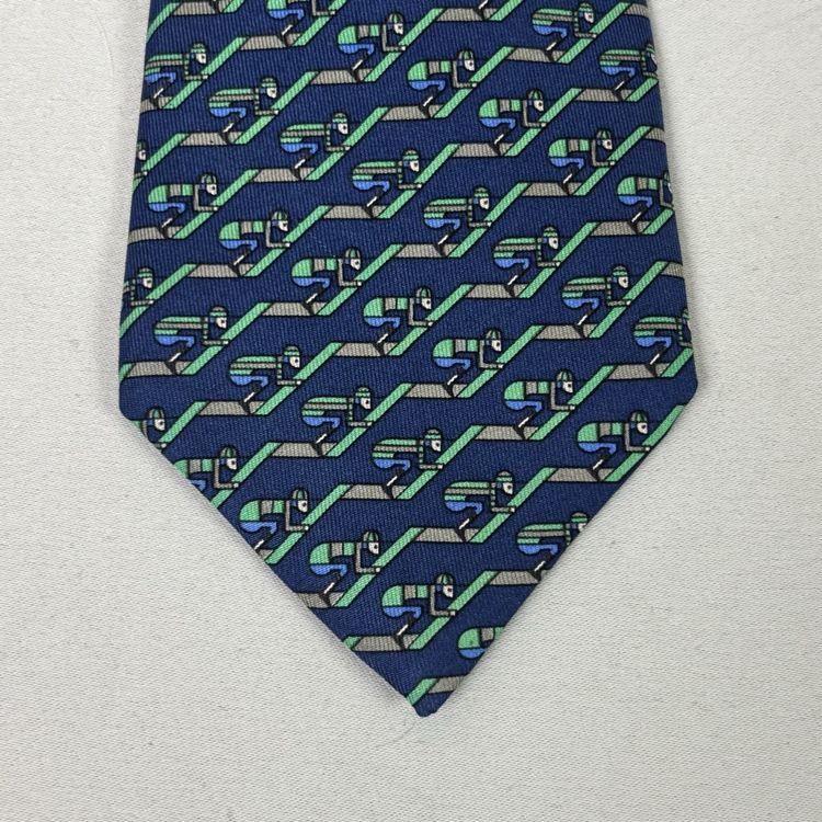 Cravate HERMÈS Vintage 100% Soie Bleue - Motif éventails, Longueur 150 Cm, Très Bon état Occasion