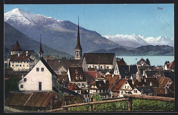 Ansichtskarten: Zug, Ortsblick mit Kirchturm und Alpen – Gebraucht aus Berlin von bartko-reher