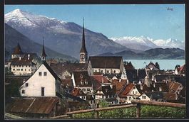 Zug, Ortsblick mit Kirchturm und Alpen