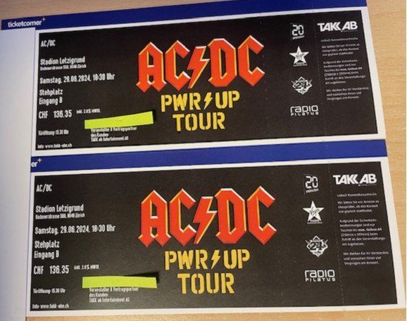 2 AC/DC Tickets Stehplätze Eingang B - Zürich 29.06.2024 | Kaufen auf ...