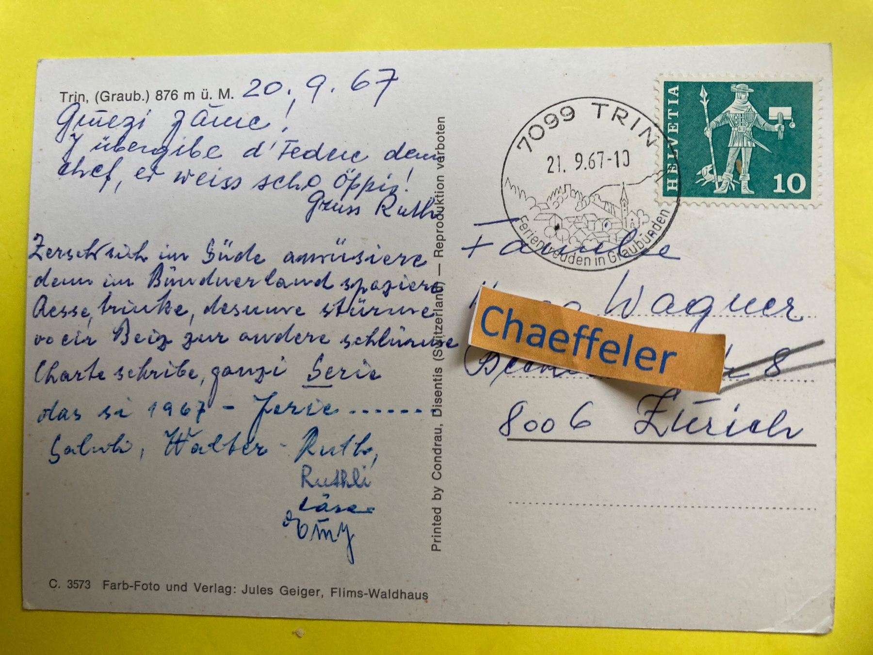 Ansichtskarten: 1976 Trin, (Graub.) – Gebraucht aus Zürich von Chaeffeler 1