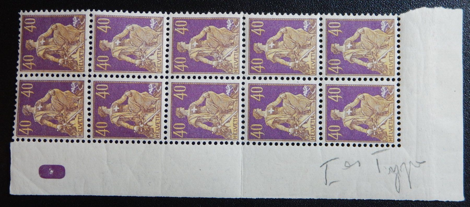 Alle Briefmarken: Schweiz Kat. 107 ** 10-Block 1908 Kat. 350 Fr. – Gebraucht aus Zürich von Muehlekauf