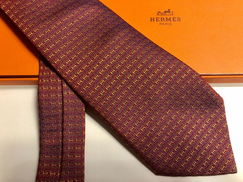 HERMES CRAVATE SOIE LOURDE silk H pattern tie Navy