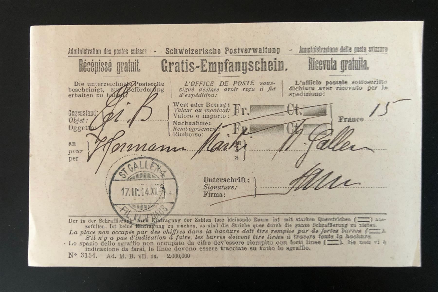 Tous les timbres: GRATIS-Empfangsschein 1914 SG – D'occasion à Lufingen par Rac0