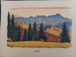 Lithographie couleur Säntiskette, St.Gallen signé Schlatter