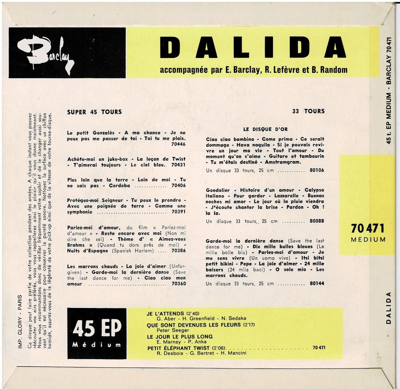 Schallplatten: 45t Dalida - EP ORIGINAL - Le jour le plus long +3 – Gebraucht aus Noréaz von Hallyday 1