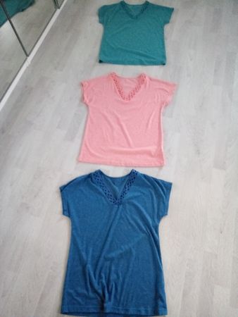 3 sommerliche Damen T-Shirts in Gr. S mit Spitze 3er Pack