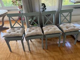 4 IKEA INGOLF Holzstühle  handbemalt  inkl. Sitzkissen