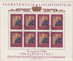 843 Kleinbogen zum 80. Geburtstag des Fürsten, 16.8.86 Vaduz