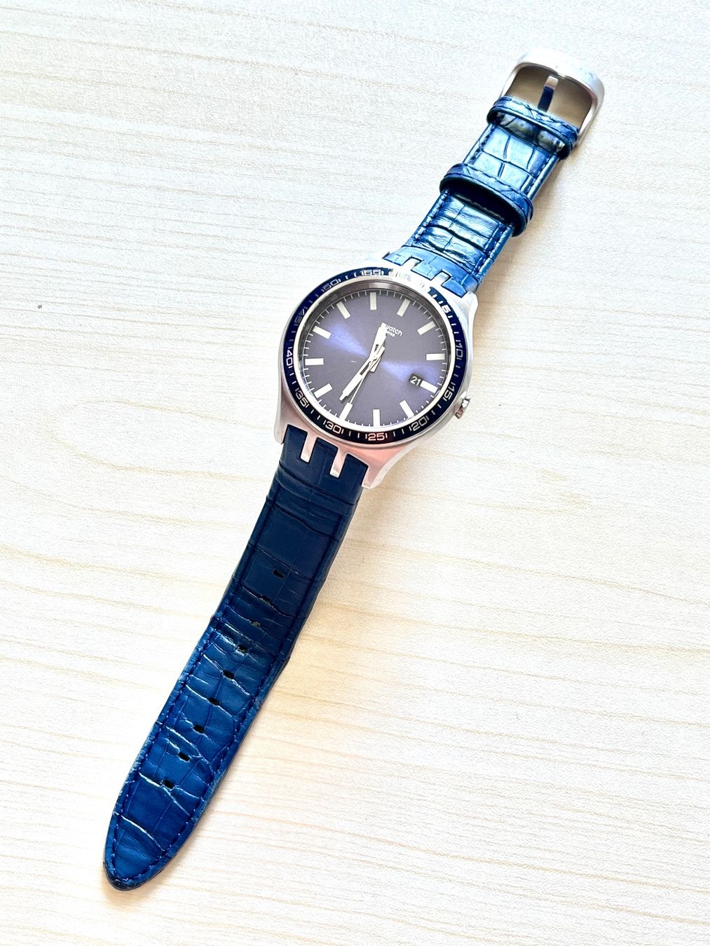Swatch Orologi: Swatch Uhr Herren blau Leder – Usato da Grenchen venduto da chththl 1