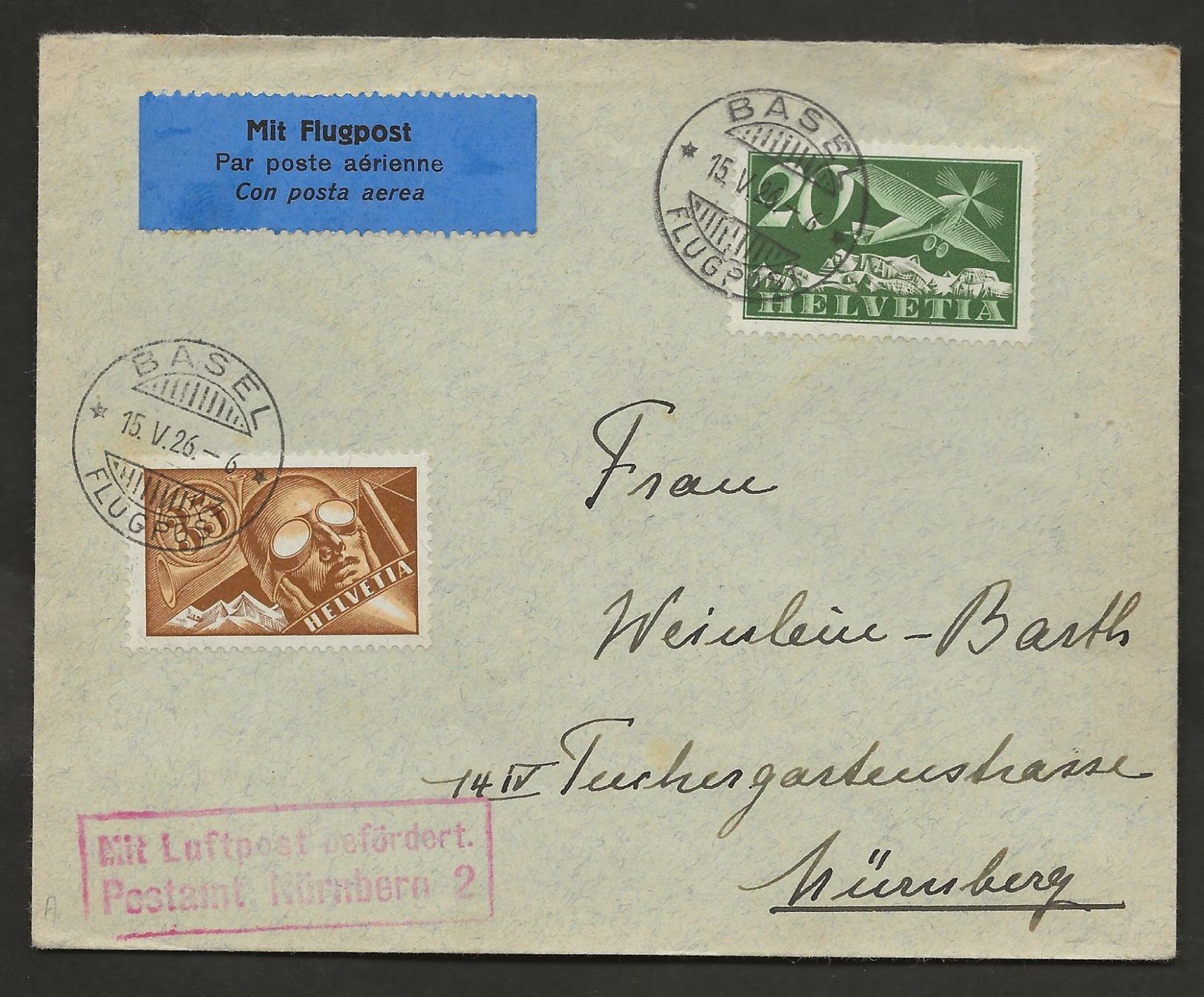 Tutti i francobolli: Flugpost Schweiz 1926 Basel Nürnberg Luftpost Erstflug – Usato da Au ZH venduto da xelagreb01