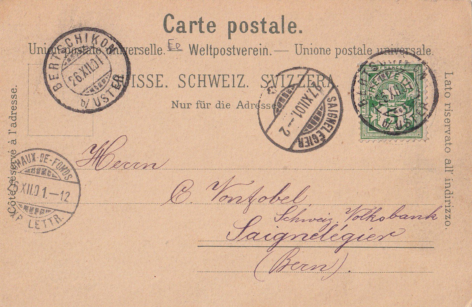 Ansichtskarten: Bertschikon bei Uster farbige Lithografie 5 Bilder – Gebraucht aus Olten von clotaldi 1