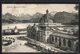 Luzern, Bahnhof und Blick auf die Alpen