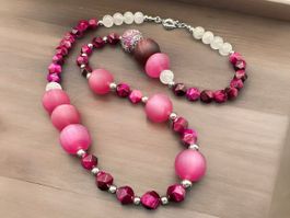 Unikat 💎 Halskette rosa Tigerauge, Rosenquarz, Harzperlen