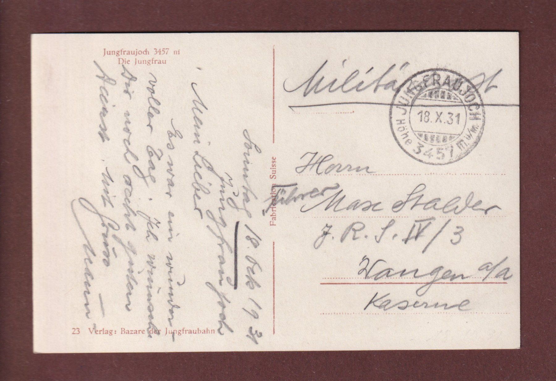 Cartoline postali: JUNGFRAUJOCH - Leute - 1931 Feldpost – Usato da Pully venduto da nicecards 1