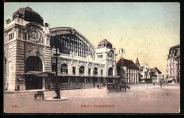 AK Basel, Am Hauptbahnhof, 1909