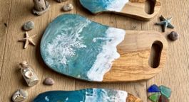 Servierbrett Olivenholz mit Epoxidharz Ozean Design neu