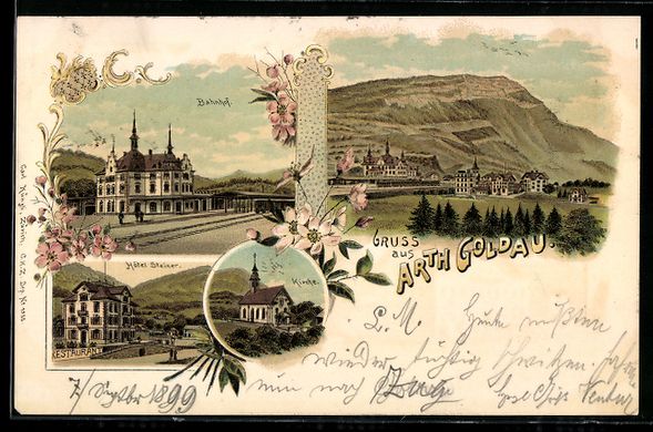 Cartoline postali: Litho Arth Goldau, Bahnhof, Hotel Steine – Usato da Berlin venduto da bartko-reher