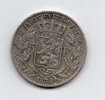 (1187) Belgien, 5 Francs 1873, ss-vz, Silber