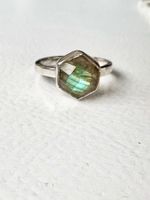 Ring Labradorit 925 Silber rhodiniert Sechseck Stapelring 52