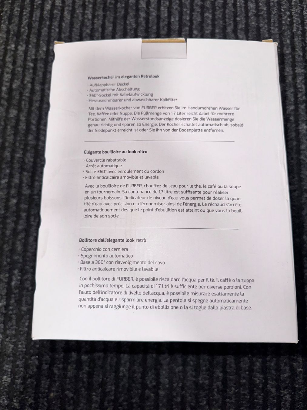 Wasserkocher: Wasserkocher FURBER 1.7 L neu – Neu und originalverpackt aus Seewen SZ von web_ 1