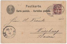 5 Rp. Wertziffer (weiss) Zusatzfrankatur auf Postkarte 1882