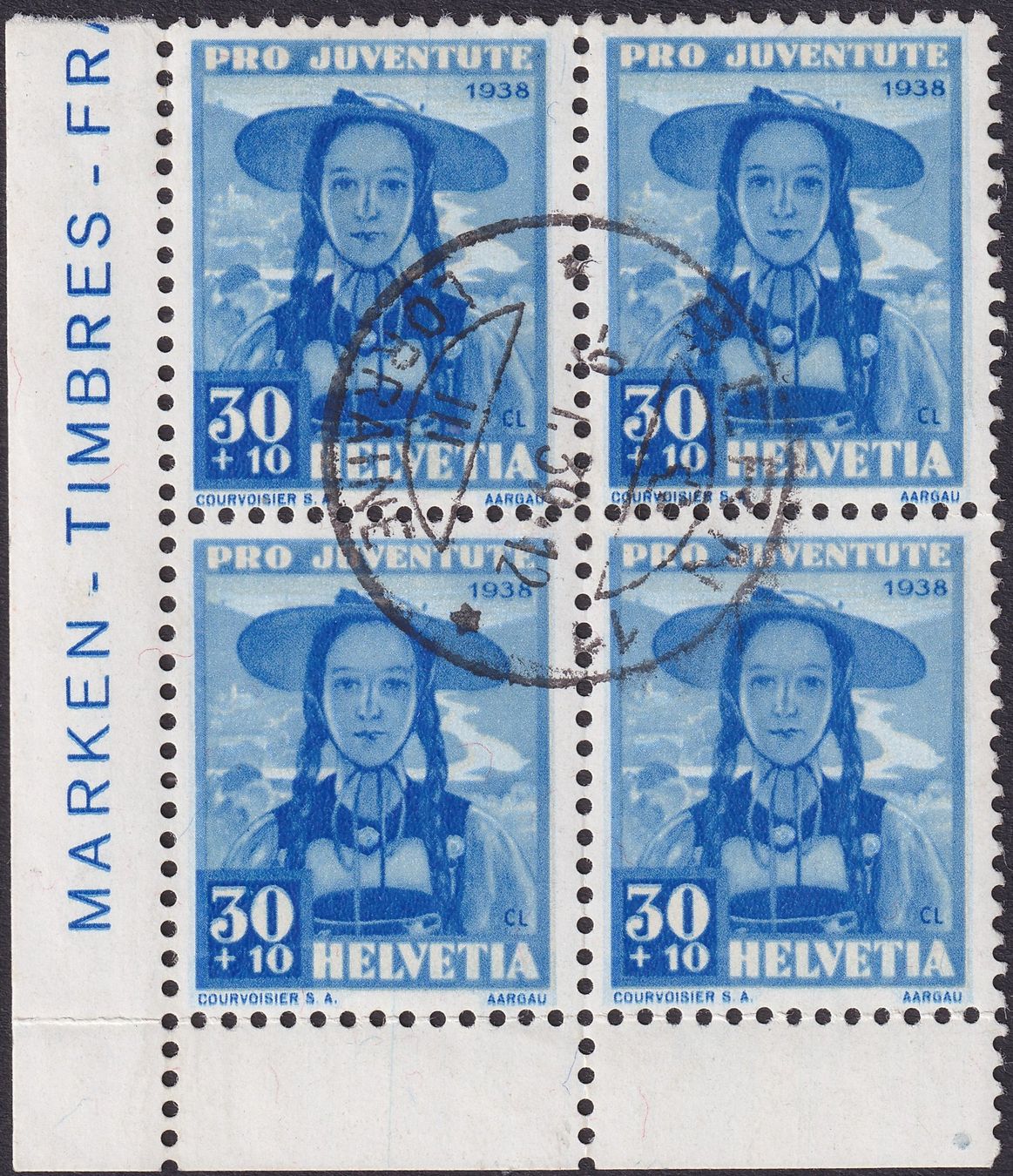 Alle Briefmarken: 1938, J88 sauberer Viererblock von BERN, Kat: 63.-+ +ECKTABS – Gebraucht aus Sursee von Luzernerraute