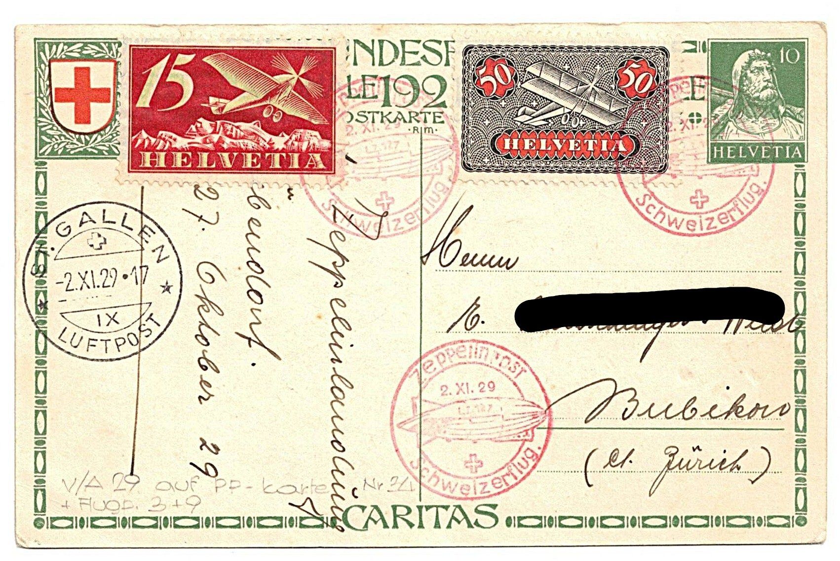 Cartoline postali: Bundesfeierkarte - Zeppelin-Post - Schweizerflug 1929 – Usato da Gossau ZH venduto da granby