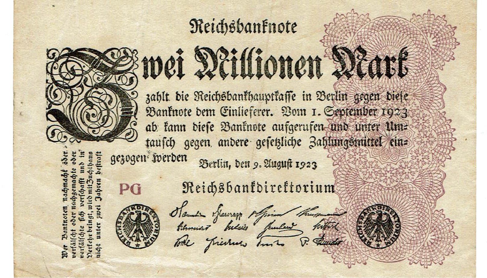 Banconote: Berlin 2 Mil.Mark Serie PG 09.08.1923 SS++-VZ – Usato da Steffisburg venduto da ber_8htf